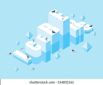 Iceberg. 3D letters of ice. Icy letters typography. Large cold ice. Penguins Animals of Arctic. Animals Antarctica. Seals in ocean. Flora North Pole
