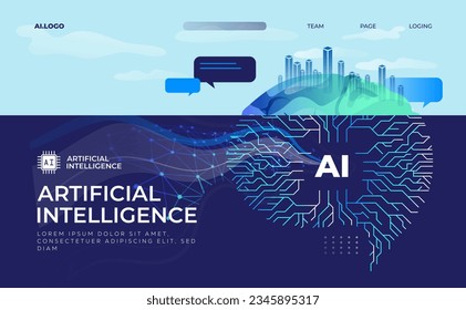 Iceberg AI brain at ocean, (Artificial Intelligence), Deep learning machine learning AI, Technological digital brain concept, vector