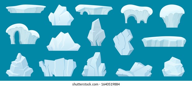 Iceberg. Arctic landscape with cold white ice rocks in the ocean water vector cartoon collection