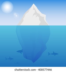 Iceberg background  with the sun and sharks underwater