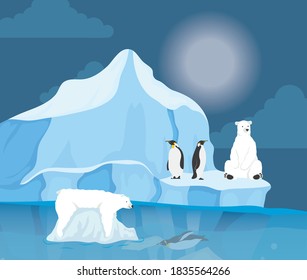 el iceberg bloquea la escena nocturna ártica con el diseño de pingüinos y vectores de oso polar