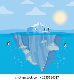 iceberg block arctic night scene with penguins swiming vector illustration design