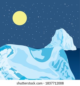 iceberg block and night arctic scene landscape, colorful design, vector illustration
