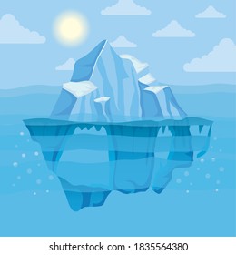 iceberg block and sun arctic scene landscape vector illustration design