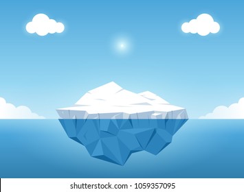 Iceberg in blue ocean on the summertime. Iceberg with above and underwater view in the ocean. Vector illustration