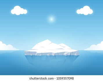 Iceberg in blue ocean on the summertime. Iceberg with above and beautiful transparent underwater view in the ocean. Vector illustration