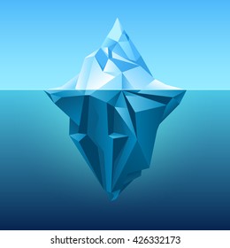 Iceberg in blue ocean vector background. Polygonal iceberg underwater, metaphor business iceberg northern on water sea illustration