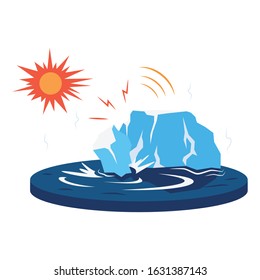 Iceberg breaking off glacier cartoon vector illustration. Global warming impact. Glacial melting. Warm temperature influence. Climate change. Flat color natural disaster isolated on white background