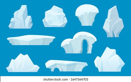 Iceberg cartoon. Antarctic ice white rocks winter landscape snow vector set