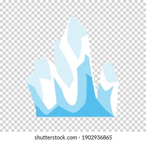Iceberg. Caricatura flotando iceberg. Iceberg o agua helada aislada del océano, montaña helada de cristal con nieve sobre fondo transparente. Ciclismo en el mar o en el océano, invierno y tema frío