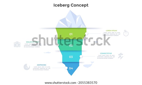 Iceberg chart divided into four colorful layers.\
Concept of 4 underlying factors of success of startup project.\
Simple infographic design template. Modern vector illustration for\
presentation, banner.