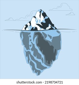 Iceberg in clear blue water and hidden danger under water. Iceberg - Hidden Danger And Global Warming Concept. Floating ice in ocean. Copy space for text and design