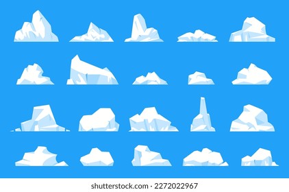 Iceberg collection. Floating ice mountain, cartoon glacier in arctic ocean water or north sea, frozen polar glacial fragment melting icy rock peak. Vector set of ice floating iceberg illustration