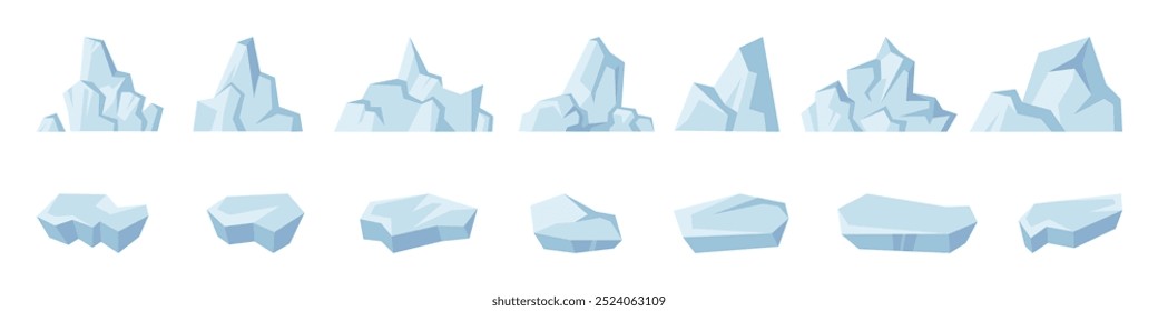 Iceberg collection. Vector melting glacial mass, glacier fragments, winter ice peaks. Frozen water in arctic oceans massive surface with underwater polar rocks Antarctic breaking away from coast