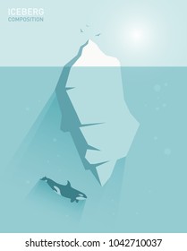 Iceberg concept illustration in flat style with a whale and birds