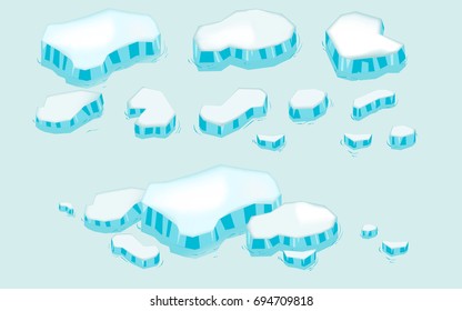 Iceberg covered snow big set cartoon. Ice and Icebergs in isometric 3d flat style. Set of different ice block, isolated. Video Game