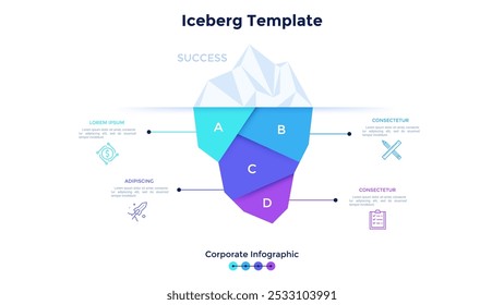 Iceberg diagram divided into 4 parts. Concept of four hidden elements of startup project. Corporate infographic design template. Modern flat vector illustration for business presentation, report.