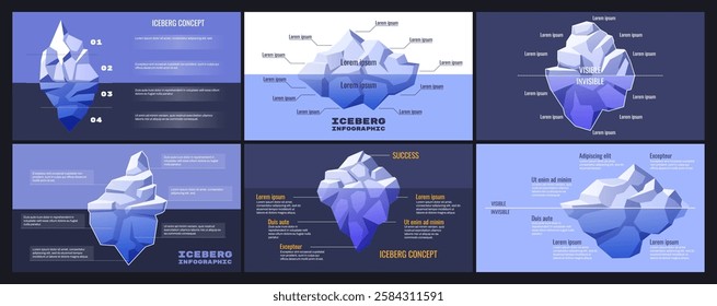 Iceberg diagram infographic. Business presentation for visible and hidden factors with cartoon icebergs and text callouts. Strategy visualization vector template set.