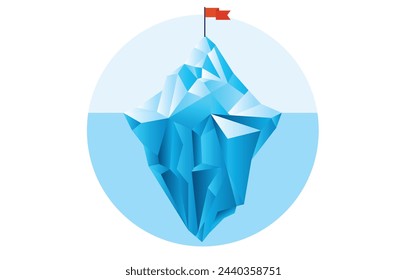 Iceberg with flag on top in round frame - Vector illustration of sea and ice mountaintop isolated on white background. Success and achievement metaphor vector graphic