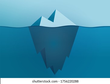 Iceberg flat vector floating on sea with underwater part cartoon illustration, snowberg ice berg or glacier in ocean under water