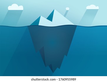 Iceberg flat vector floating on sea with underwater part cartoon illustration, ice berg or glacier in ocean under water on sky clouds landscape