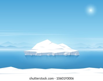 Iceberg floating in blue ocean. Summer background. Vector illustration