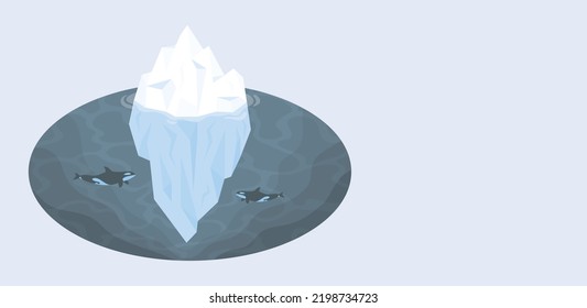 Eisberg schwimmt in blauen Ozeanen und Walen. Iceberg mit schönem, transparentem Unterwasserblick auf den Ozean. Wale schwimmen unter dem Eisberg. Vektorgrafik