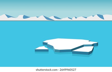 Iceberg floating in cold blue water with snowy mountains on horizon. Arctic or Antarctic landscape symbolizing global warming, climate change, melting ice, environment, nature and ecology.