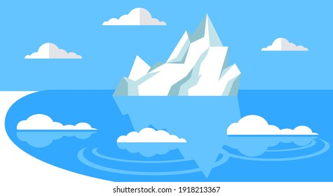 Iceberg floating in cold sea. Melting glacier, block of ice with flowing water. Mountain in antarctica made of ice surrounded by ocean. Rock from frozen water under clear sky with white clouds