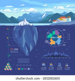 Iceberg Floating in Fjord. Infographic Underwater and Flat Elements with Polygonal Iceberg, Graphics, Icons and more.