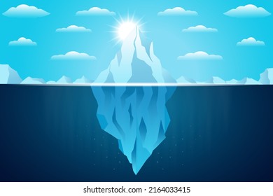 iceberg floating in ocean illustration with bright sun