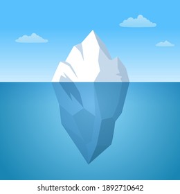 Iceberg floating in ocean illustration. Huge white block of ice drifts along blue current with massive underwater part an arctic rock breakaway from northern antarctic coast. Cartoon frosty vector.
