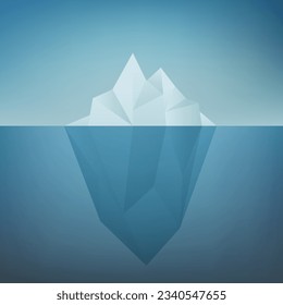 Iceberg floating in ocean illustration. Huge white block of ice drifts along blue current with massive underwater part an arctic rock breakaway from northern antarctic coast. Vector illustration