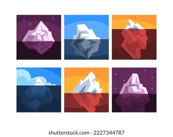 Iceberg floating in ocean set. Huge block of ice drifting in water with massive underwater part cartoon vector illustration