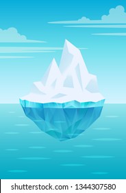 Iceberg floating on water waves with underwater part, bright blue sky with clouds, freshwater ice, glacier or ice shelf piece, vector illustration