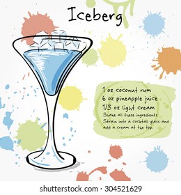 Iceberg. Hand drawn illustration of cocktail, including recipes and ingredients. Vector collection.