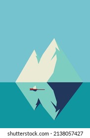 iceberg hidden underwater danger. central composition. A ship is sailing in the ocean