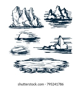 Iceberg ice blocks on the surface of the sea. Set of different shapes and sizes vector sketch.