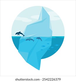 Iceberg. Ice. Dolphins. Fish. Sea animals. The icy ocean. Arctic. Glacier. Antarctica. Polygonal illustration on a white background. Vector