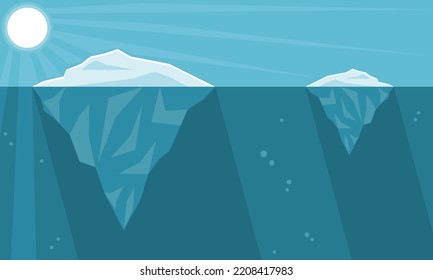 Iceberg or ice mountain floating melting in blue ocean sea with sun sunlight ray global warming cartoon flat vector design.