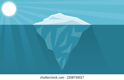 Iceberg or ice mountain floating melting in blue ocean sea with sun sunlight ray global warming cartoon flat vector design.