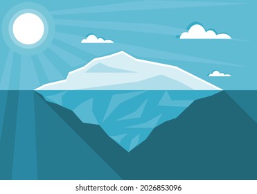 Iceberg or ice mountain floating on blue ocean sea with sun shining sunlight flat vector. Concept global warming.
