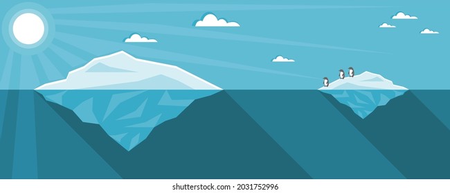 Iceberg or ice mountain floating on blue ocean sea with cute penguin and sun shining sunlight flat vector. Concept global warming.