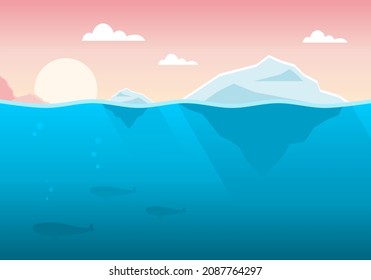 Iceberg or ice mountain floating on blue ocean sea with whale in evening flat vector. Concept global warming.