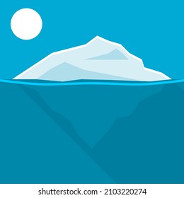 Iceberg or ice mountain floating on blue ocean sea with sun flat vector design.