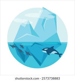 Iceberg. Ice. Orca whale. Fish. Sea animals. The icy ocean. Arctic. Glacier. Antarctica. Polygonal illustration on a white background. Vector