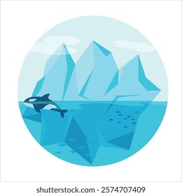 Iceberg. Ice. Orca whale. Fish. Sea animals. The icy ocean. Arctic. Glacier. Antarctica. Polygonal illustration on a white background. Vector