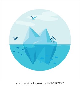 Iceberg. Ice. Penguins. Fish. Sea animals. The icy ocean. Arctic. Glacier. Antarctica. Polygonal illustration on a white background. Vector