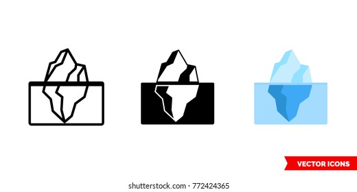 Iceberg icon of 3 types: color, black and white, outline. Isolated vector sign symbol.
