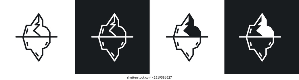 Iceberg icon collection in black and white filled and stroke line style.